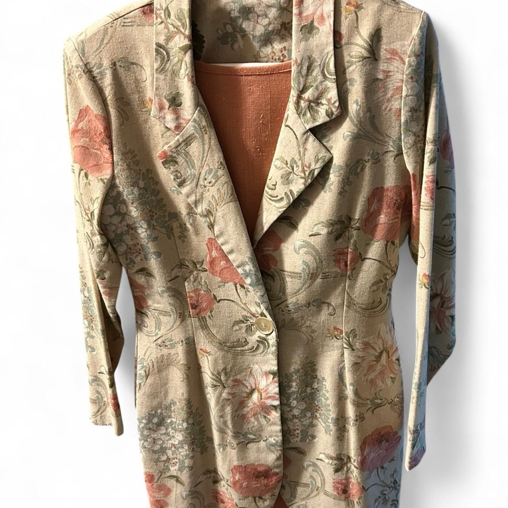 80s Avon Floral Beige Blazer and Coral Shift Suit set